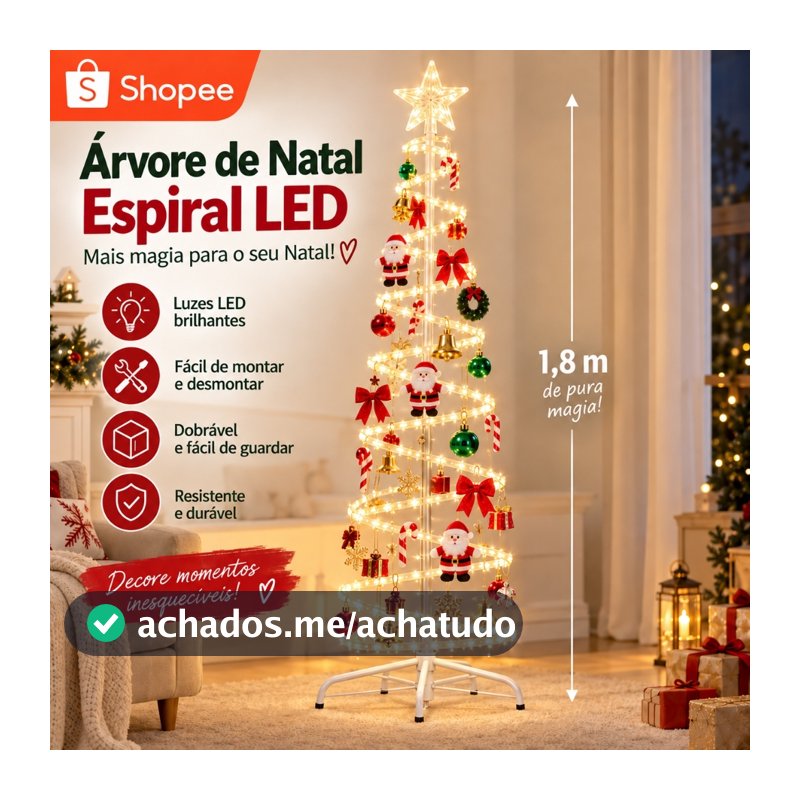 Árvore de Natal Espiral LED 1,8m Dobrável com Papai Noel bengala sinos dourados e enfeites-N10