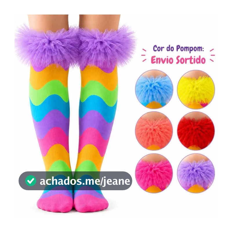 Meia Infantil 3/4 Arco-Íris com Tule Colorida Menina Algodão Festa Princesa(DISINONI)
