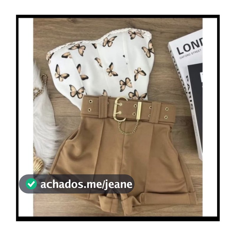 Conjunto Short neoprene com cinto e cropped de borboleta look social moda 2025 tendência