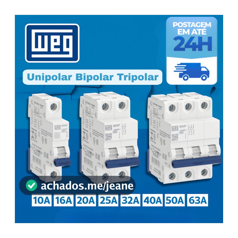 Disjuntor Unipolar Bipolar Tripolar WEG 10A 16A 20A 25A 32A 40A 50A 63A Amperes Curva C 3KA