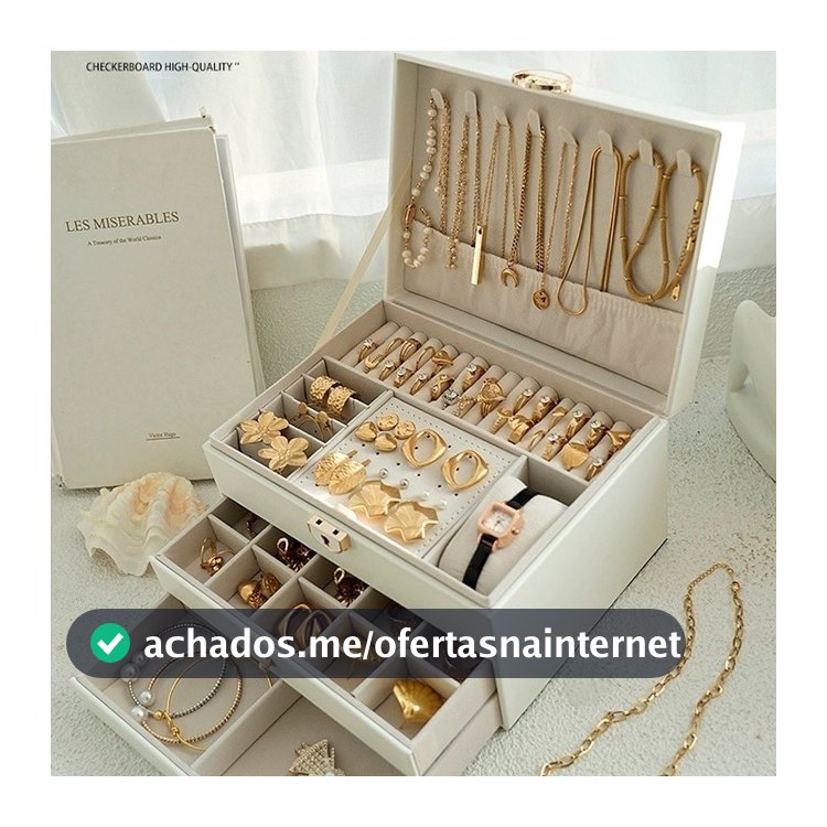 Porta Jóias Caixa Organizadora De Jóias Feminina Em Couro Com Duas Camadas/Anéis/Colar Fecho -Q19