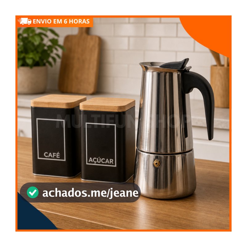 Kit Cafeteira Italiana Inox E Par De Potes Porta Café E Açúcar Lata Preta Tampa Bambu Cantinho Do Café Premium Organiza