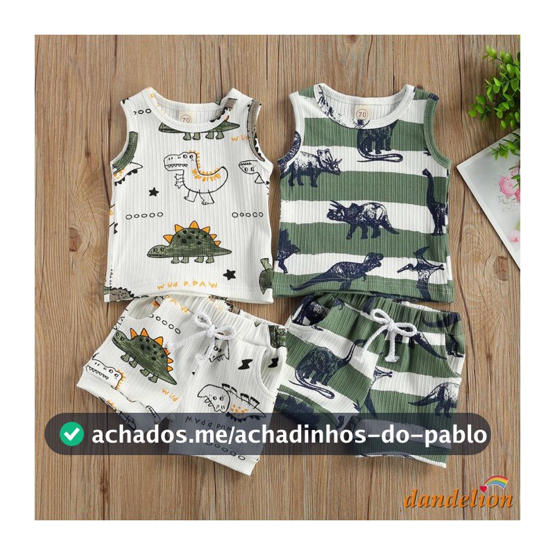 Dandelion-0-24 Meses Conjunto De Verão Para Bebês Meninos , Colete Sem Manga Com Estampa De Dinossauro + Shorts Cintura Elástica