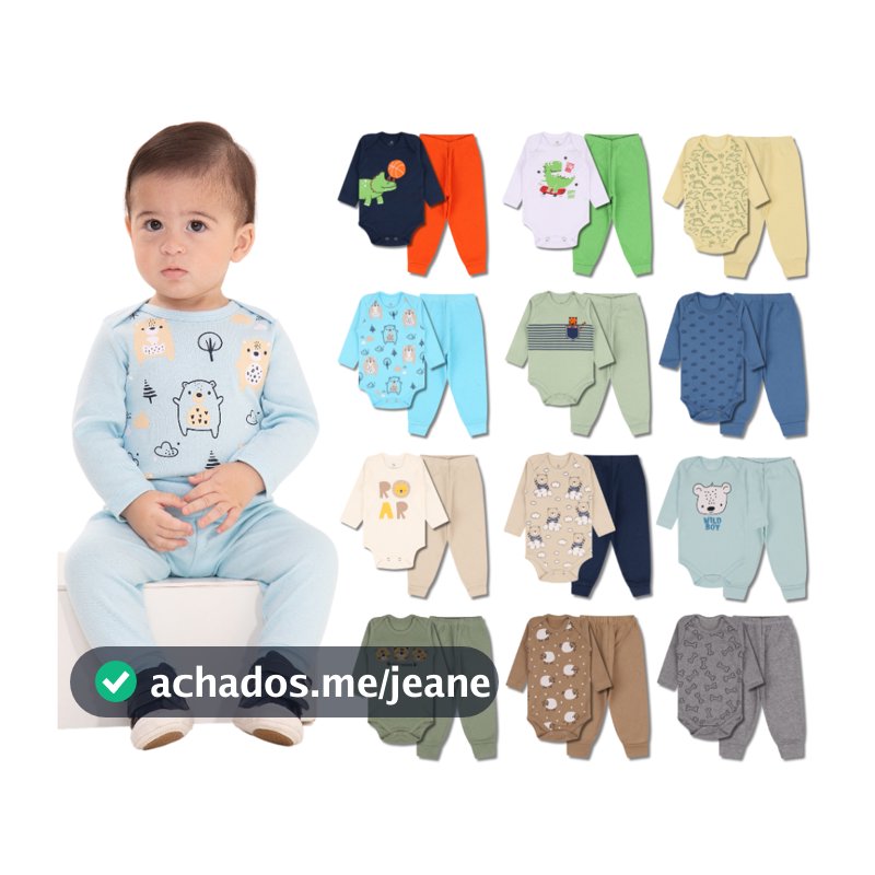 Kit 12 Peças de Roupas para Bebê Menino (6 Body Longo + 6 Calça Mijão)Kit 6 Body Roupa Infantil Bebê