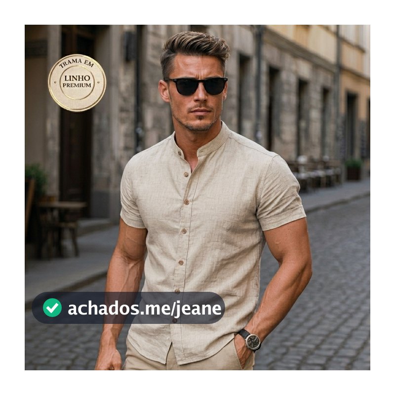 Camisa Masculina Gola Padre Social Trama em Linho Manga Curta Executiva Slim Fit