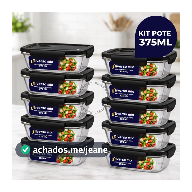 Kit 10 ou 5 Potes Vidro Tampa Hermético 375ml Retangular 4 Travas Premium - Preto