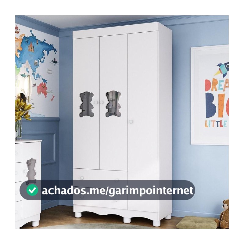 Guarda-roupa Infantil 92cm com Vidro 3 Portas e 2 Gavetas Ternura Multimóveis MP4477