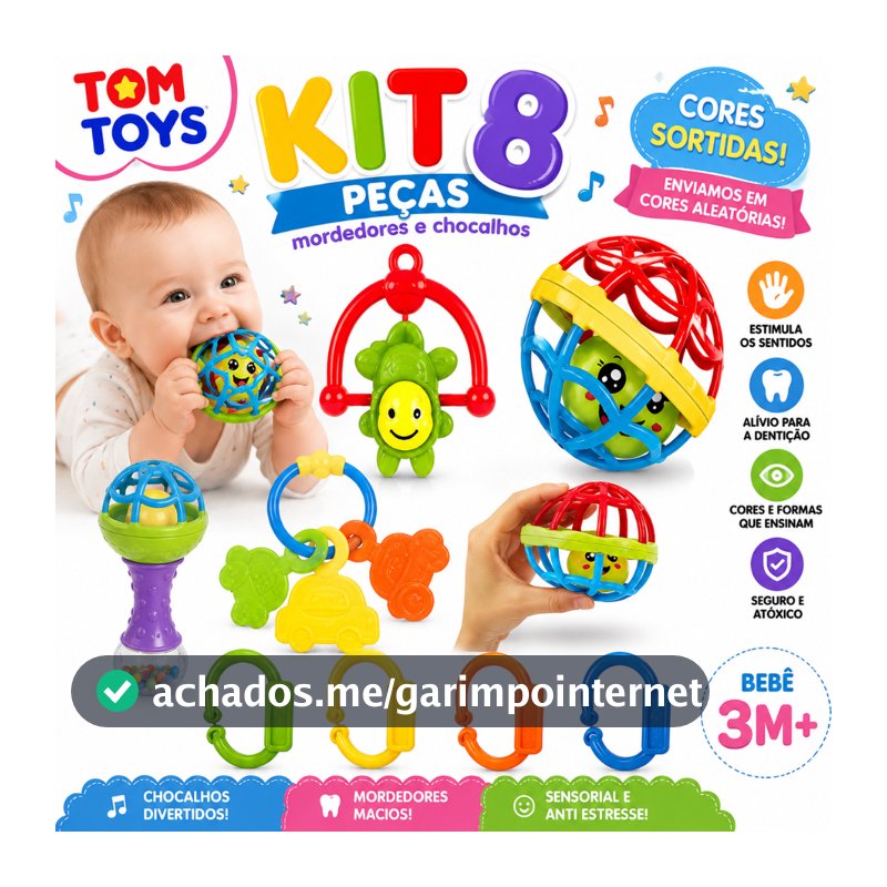 Kit Mordedor para Bebê brinquedo Sensorial Silicone com Chocalho 2/4/8 Peças Coloridas