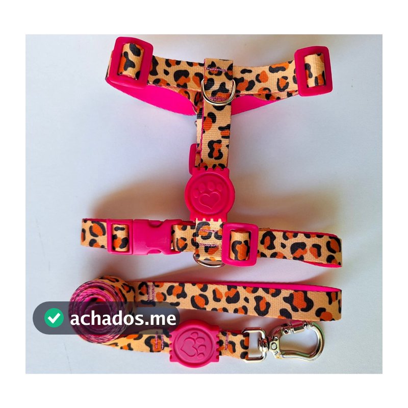 Peitoral H Anti-puxão onça rosa para cachorro