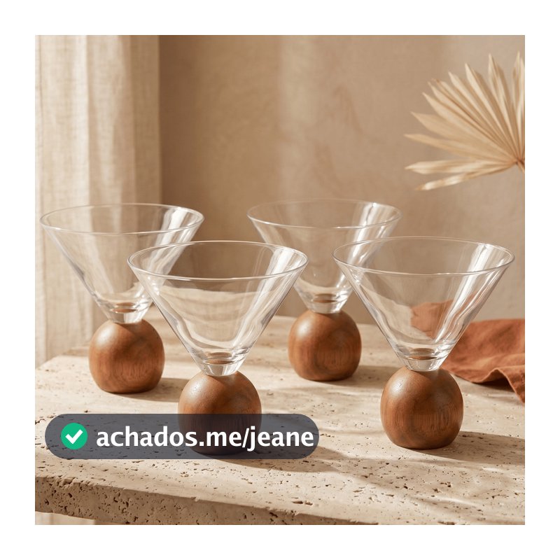 Jogo 4 Tacas De Sobremesa Vidro E Madeira Acacia Mori Base Redonda Luxo Sorvete Doce Martini Drink