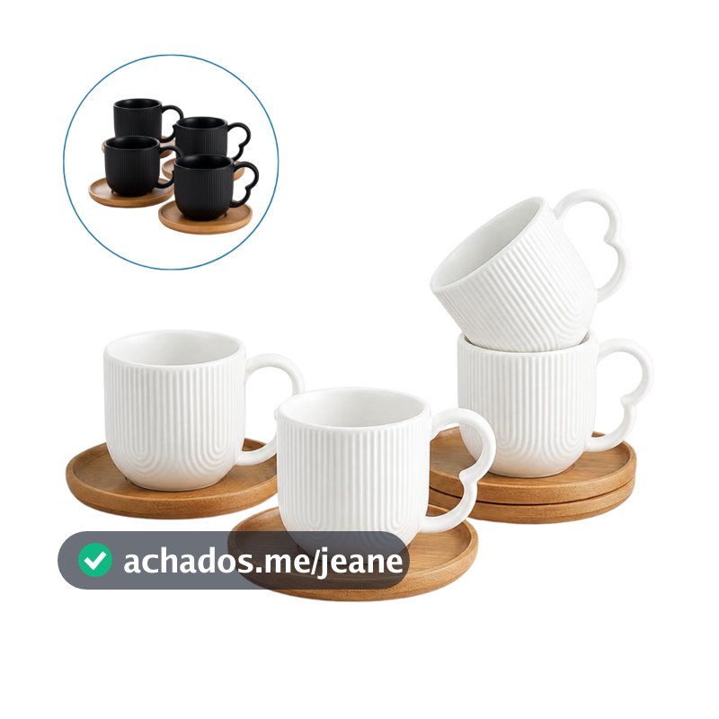Jogo 4 Xicaras De Café Porcelana com Pires Bambu 90ml Oásis