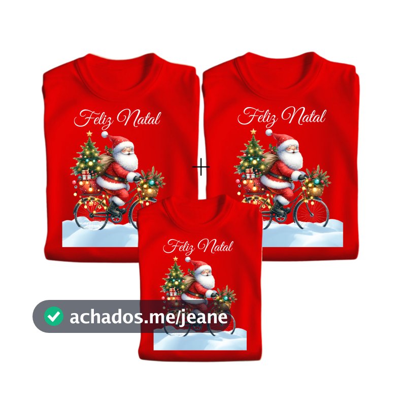 Kit Com 3 Camisetas de Natal Personalizadas Papai Noel de Bicicleta 100% Algodão Qualidade e Conforto Envio Rápido