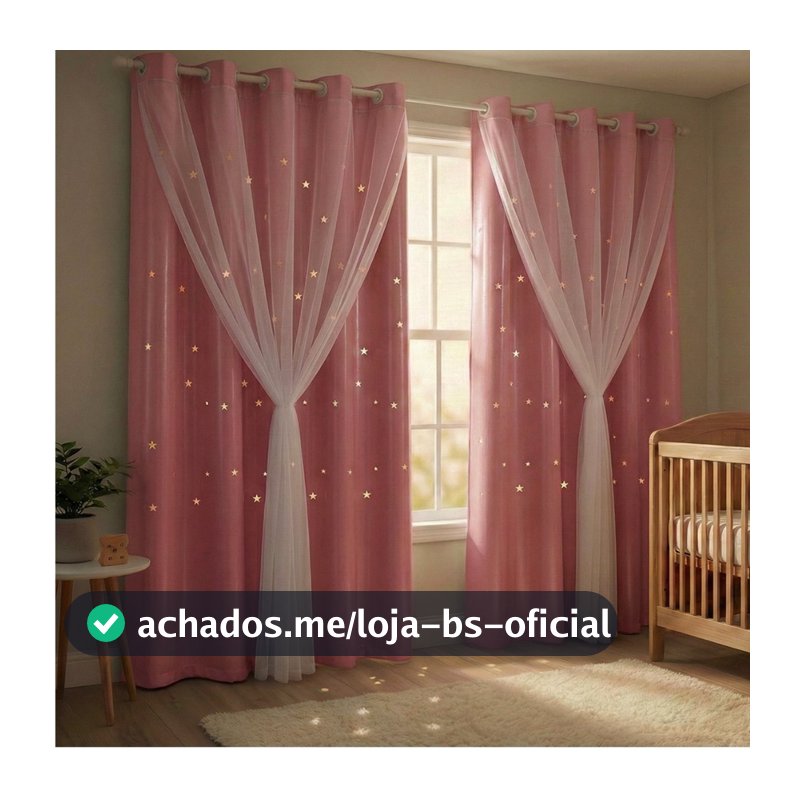 Cortina Corta Luz Pvc Blackout Rosa Estrelinhas C/ Voil 2,80x2,30