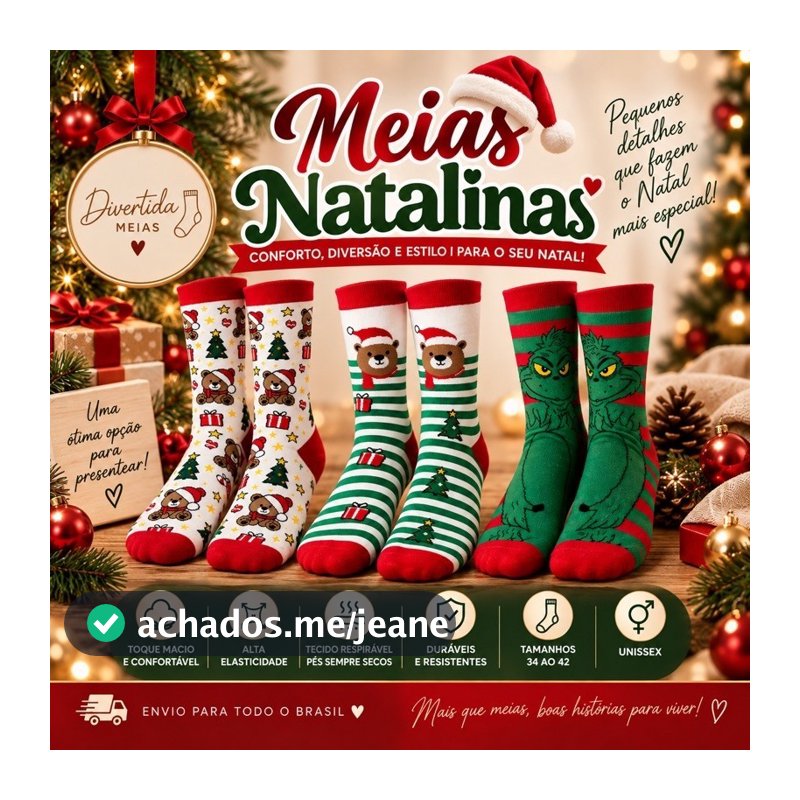 Meias Divertidas Natalinas Unissex - 34/42
