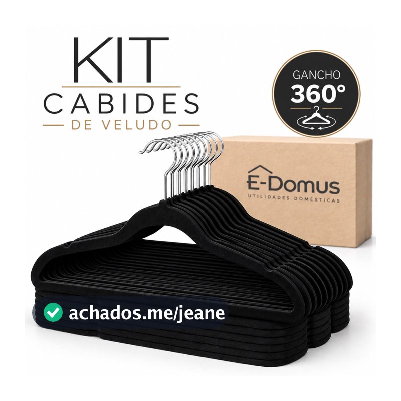 Kit Cabides Adulto Veludo Roupa Antideslizante Ultrafino Preto Edomus Gancho 360 Slim Altamente Resistente Calças Camisa