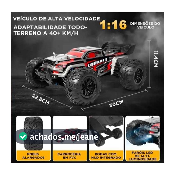 Carrinho Controle Remoto 50km/h 4X4 Automodelo Rc Competição Conquer com 1 Bateria Jeep 1:16