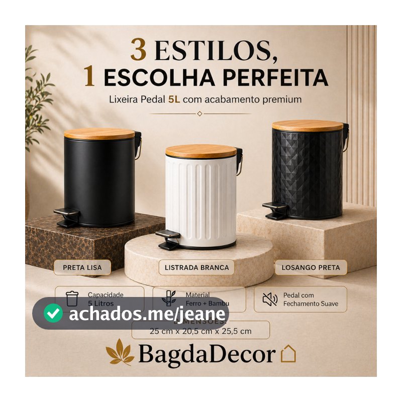 ✅ Lixeira com Pedal 5L Tampa Bambu | Estrutura em Ferro | Design Moderno p/ Banheiro e Cozinha🔝