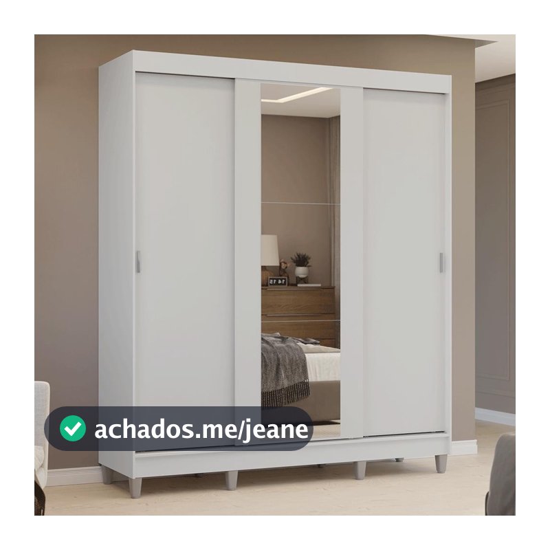 Guarda-Roupa Casal com Pés 3 Portas de Correr com Espelho Branco Reno Madesa
