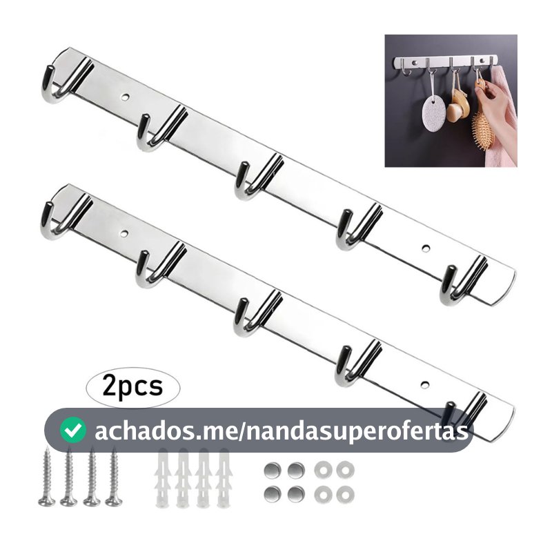 2 Cabideiros de Parede Inox 5 Ganchos para Roupas, Bolsas e Acessórios