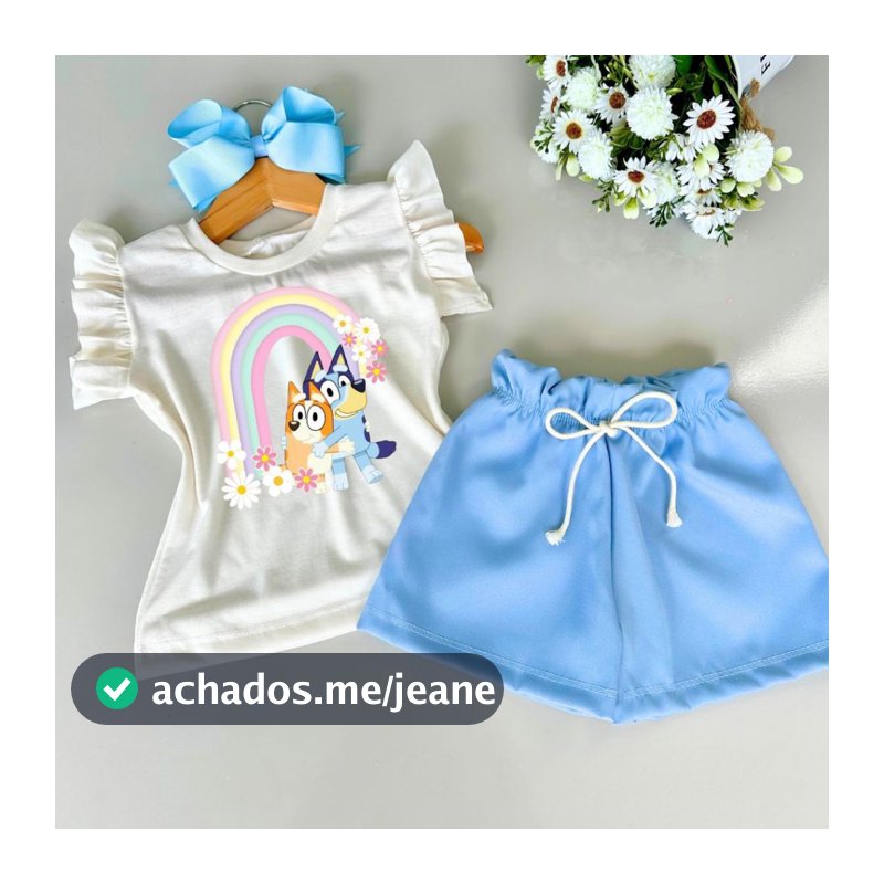 🌈 Conjunto Infantil Amiguinhos do Arco-Íris 💙 Look Fofinho, Delicado e Encantador Blusa off white short azul