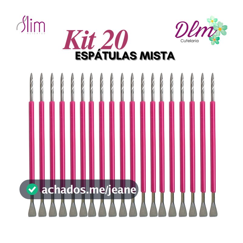 Kit 20 Espátulas Slim -  Bastão Mista Unha Inox ROSA Com Silicone Cutelaria Manicure