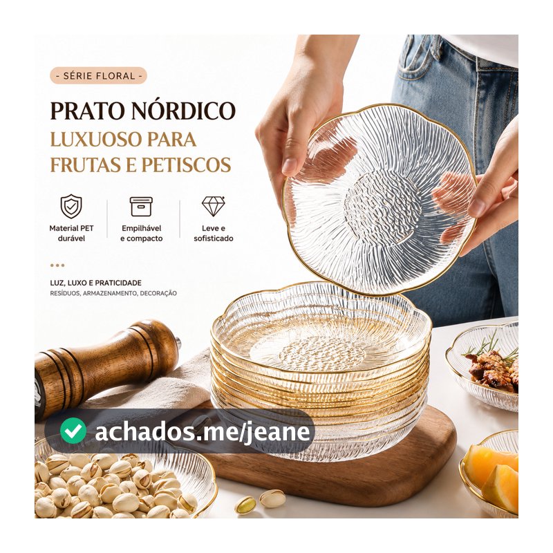 PRATO NÓRDICO SOBREMESA PETISCOS FRUTAS EM ACRÍLICO BORDA DOURADA FLORAL