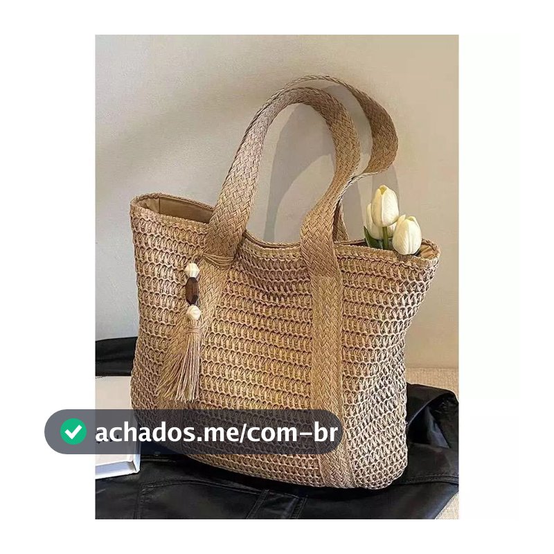 Bolsa De Palha Grande Verão De Ombro Com Chaveiro, Fechamento De Zíper