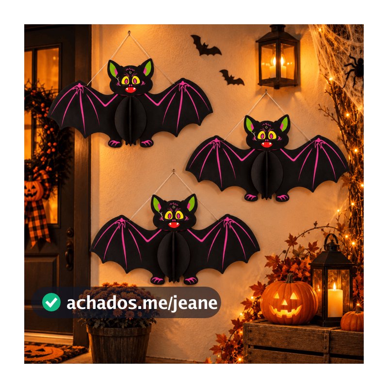 Kit 3 Morcegos 3D Halloween 60 cm – Decoração de Festa, Parede, Porta e Vitrine