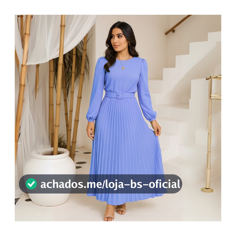 Vestido Longo Forrado Saia Plissada Manga Longa Meia Estação