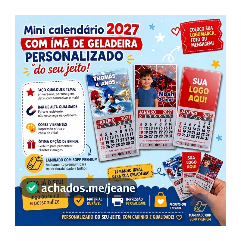 Mini Calendario 2027 Personalizado Geladeira com Imã,  laminado, Brinde Corporativo, Lembrancinha Atacado 5x10cm