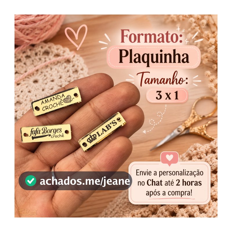 KIT TAG 70x Plaquinha Etiqueta 2 Furos de Acrílico Espelhado Crochê Nail PERSONALIZADO