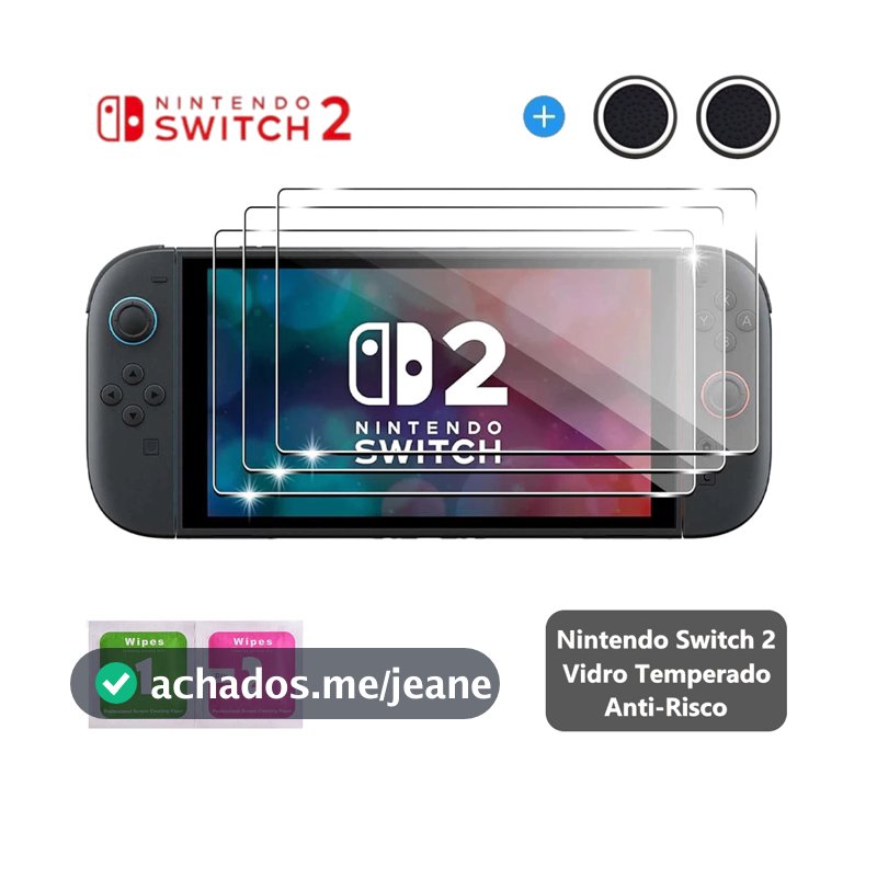 Película de Vidro  Nintendo Switch 2 + 1 Par Grip Aleatório Tela Protetora Película Anti-arranhões, Alta Resistência