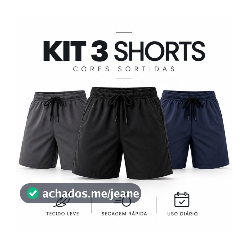 KIT 3 Shorts Masculino Premium Tactel Elastano Bermuda Fitness Corrida Praia