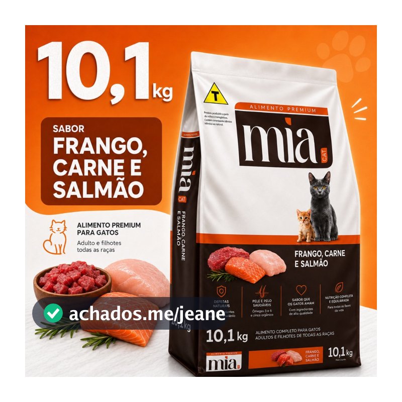 Ração Para Gato Filhote E Adulto 28g Proteína Mia Cat 10,1kg Frango Carne Salmão