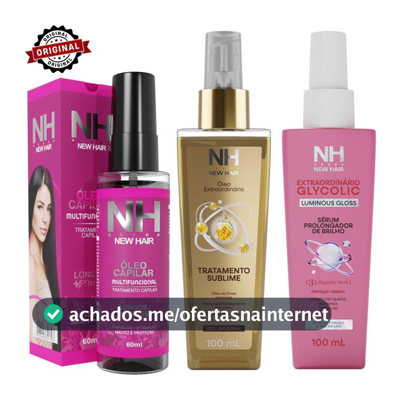 Kit 3 Óleos Para Cabelo NEW HAIR | Sérum Glycolic, Óleo multifuncional e Óleo Extraordinário