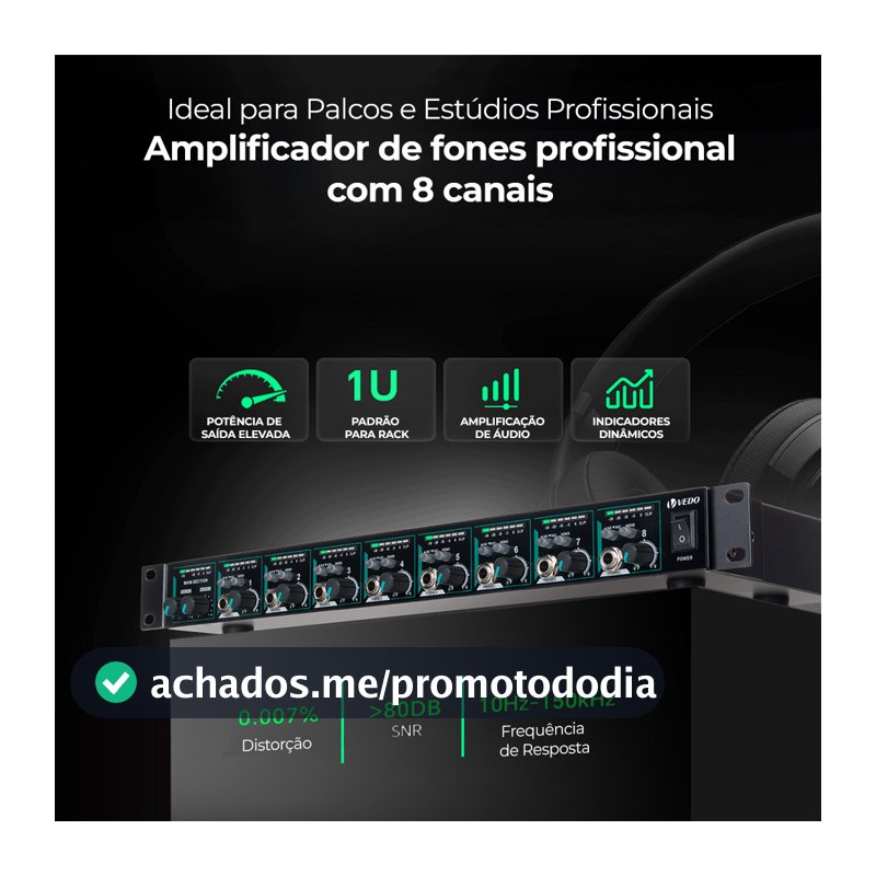 VEDO Amplificador De Fones De Ouvido 8 Canais VD8000-V Tipo Power Play Com 8 Amplificadores Estéreo Independentes