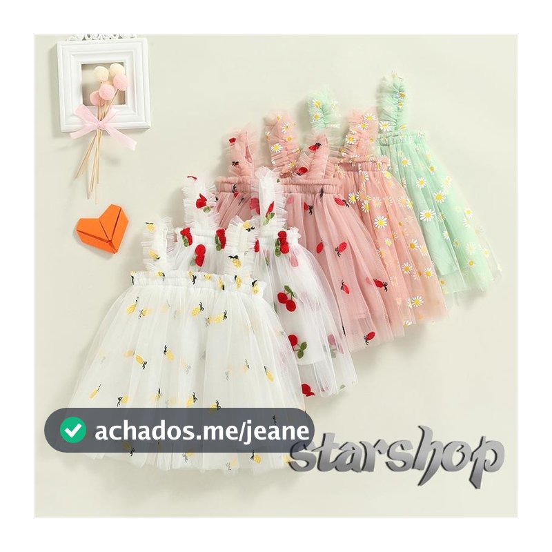 Starshop-Toddler Kids Girls Princess Dress Daisy/Fruit Bordado Sem Mangas Vestido De Verão Casual Mesh Tulle Fluffy