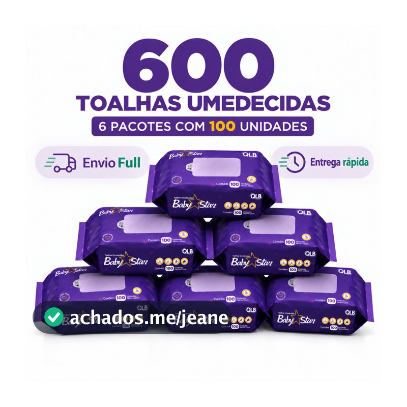 Caixa com 6 Lenços/Toalhas Umedecidas Baby Star Roxa c/ 100 Unidades Cada – Sem Tampa FlipTop