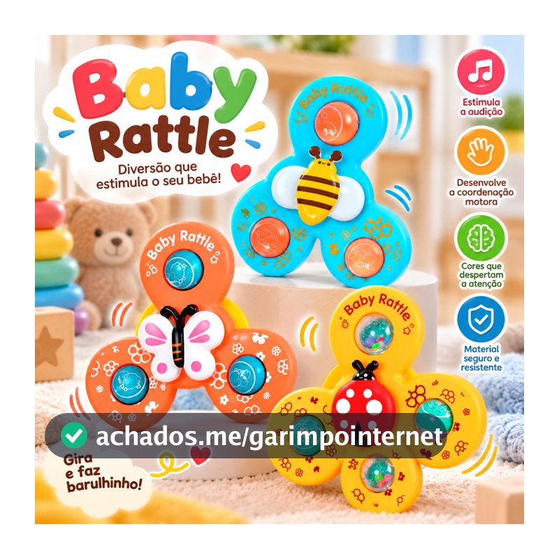 Kit 3 Brinquedo Infantil Chocalho Giratório Spinner Com Ventosa Brinquedos para bebê Banho