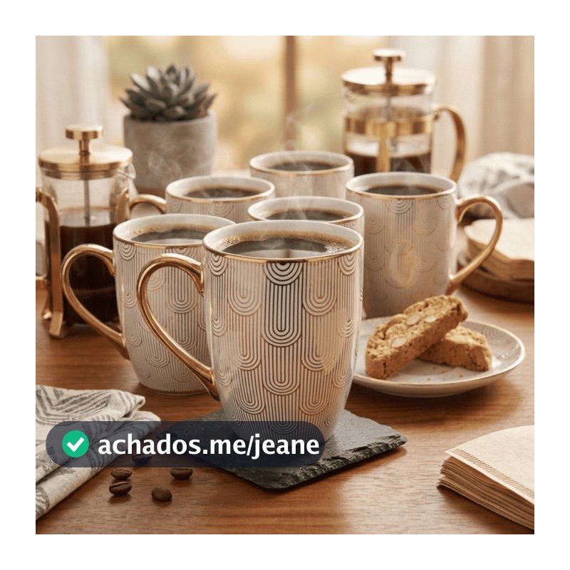 Jogo 6 Canecas Xícara de Porcelana 300ml Dourada Várias Estampas Luxo - Royale / Café, Chá / Cozinha