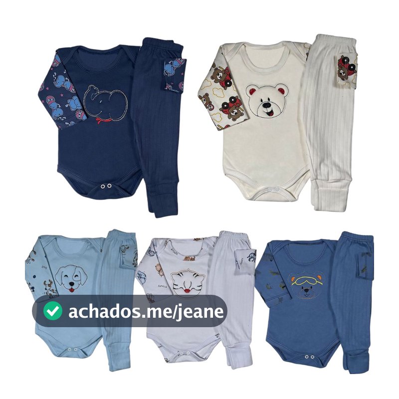 Kit 8 Peças Body Bebe Bordado E Mijão Canelado Vira Pé Menino  100% ALG