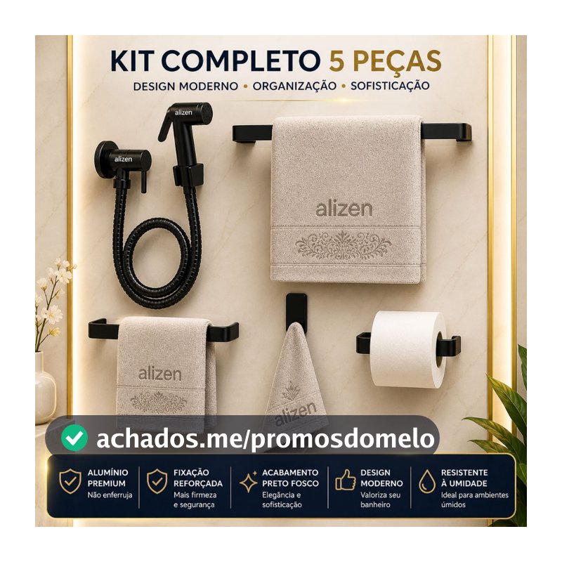 Kit Banheiro Preto Acessórios Ducha Higiênica Porta Toalhas Suporte Papel Higiênico Preto Fosco