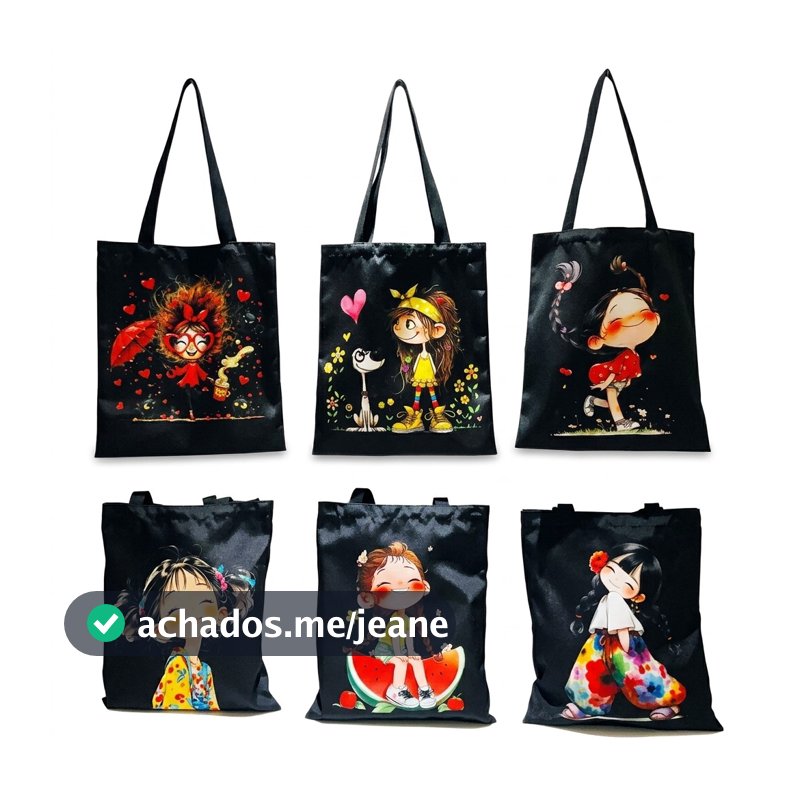 Sacola Ecobag De Lona Grande Capacidade Estampa Menina Fofa Para Compras Escola Passeio 40x32cm