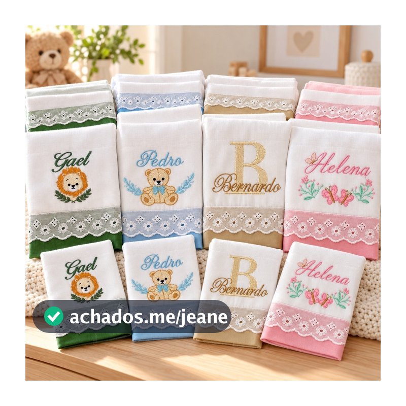 Kit 5 Fralda de Ombro p/ Amamentação + 3 Pano de Boca Bordado Personalizado para Bebê Menino Menina
