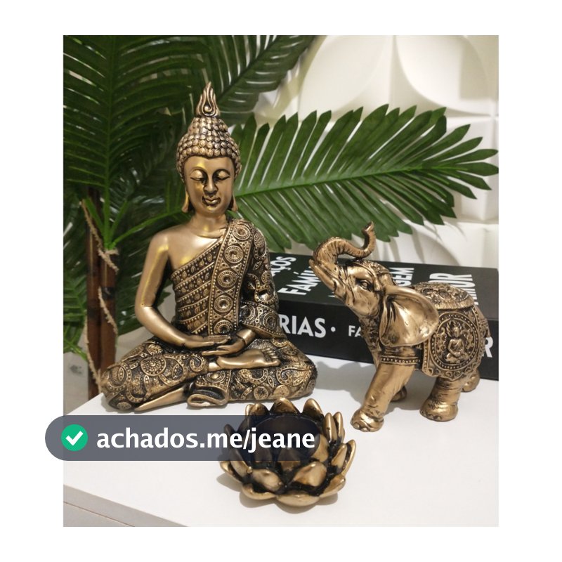 Enfeite Trio De Estatuetas Buda Meditando + Elefante Indiano + Castiçal Flor de Lotus 3 Peças Decoração Dourado Prata