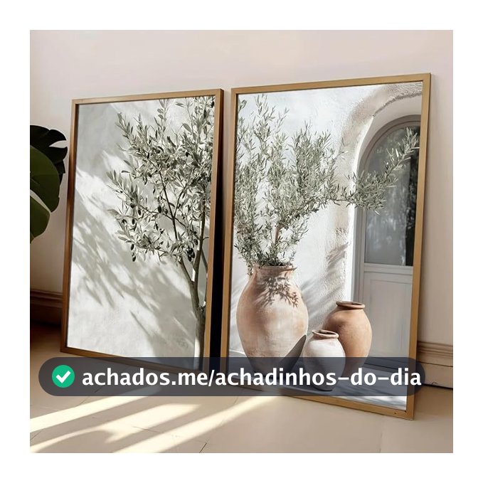 Kit 2 Quadros Decorativos com Moldura Decoração Parede Moderna para Sala e Quarto Oliveira e Vasos Mediterrâneos