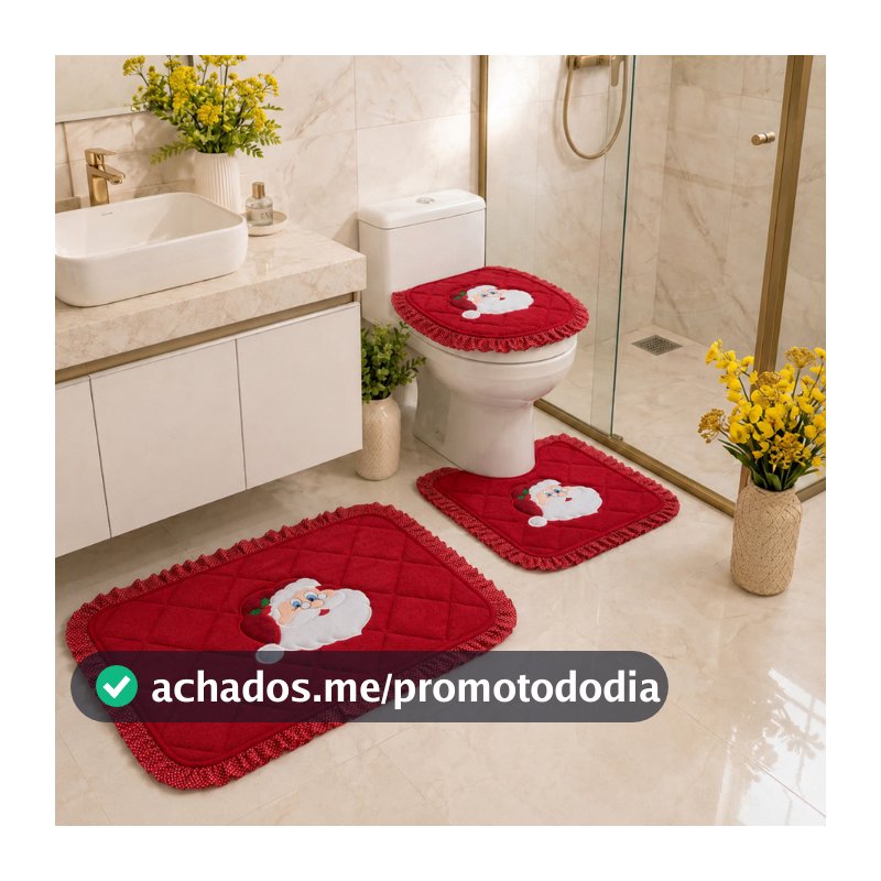 Jogo Tapete Banheiro Bordado Atoalhado Natal 3 peças