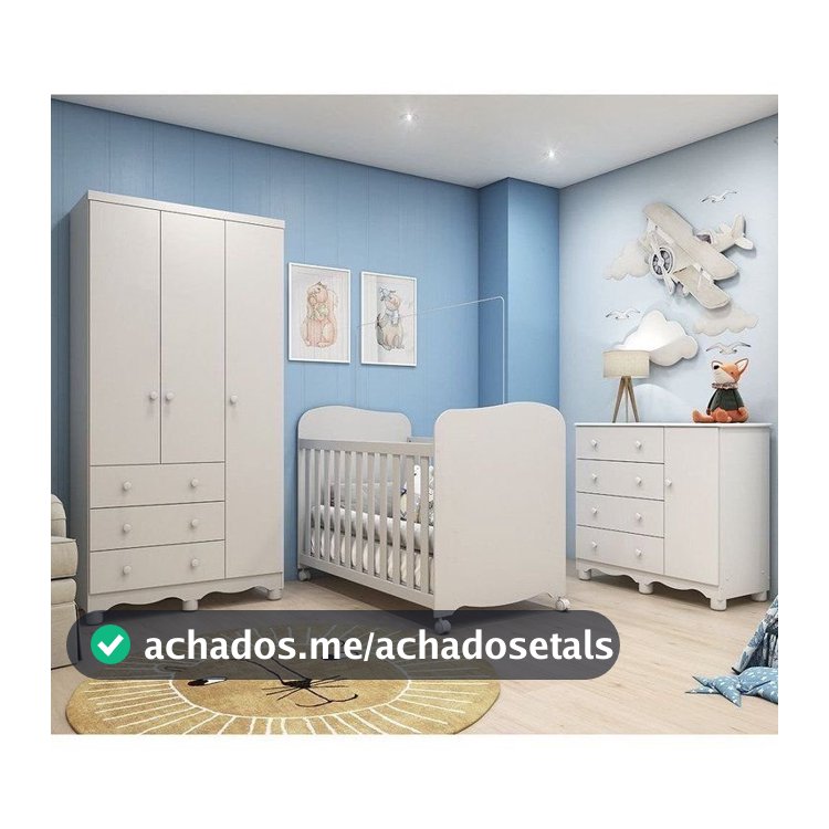 Quarto de Bebê Completo Berço Guarda Roupa 3 Portas e Cômoda 100% MDF Mimo Espresso Móveis Branco Branco Brilho