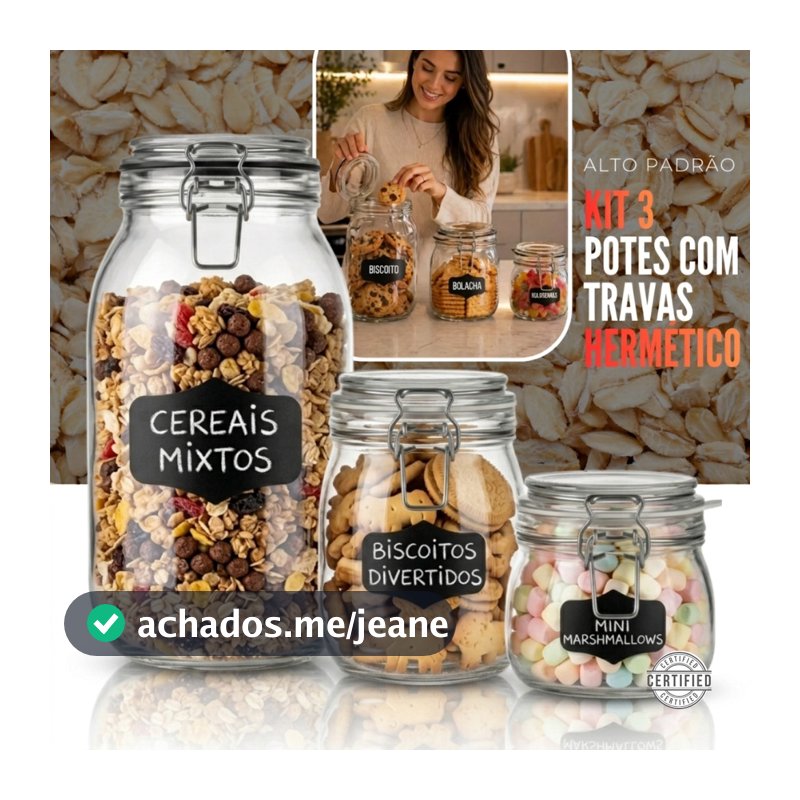 Kit 3 Potes De Vidro Hermetico Com Trava 500ml 700ml 2200ml Porta Condimentos