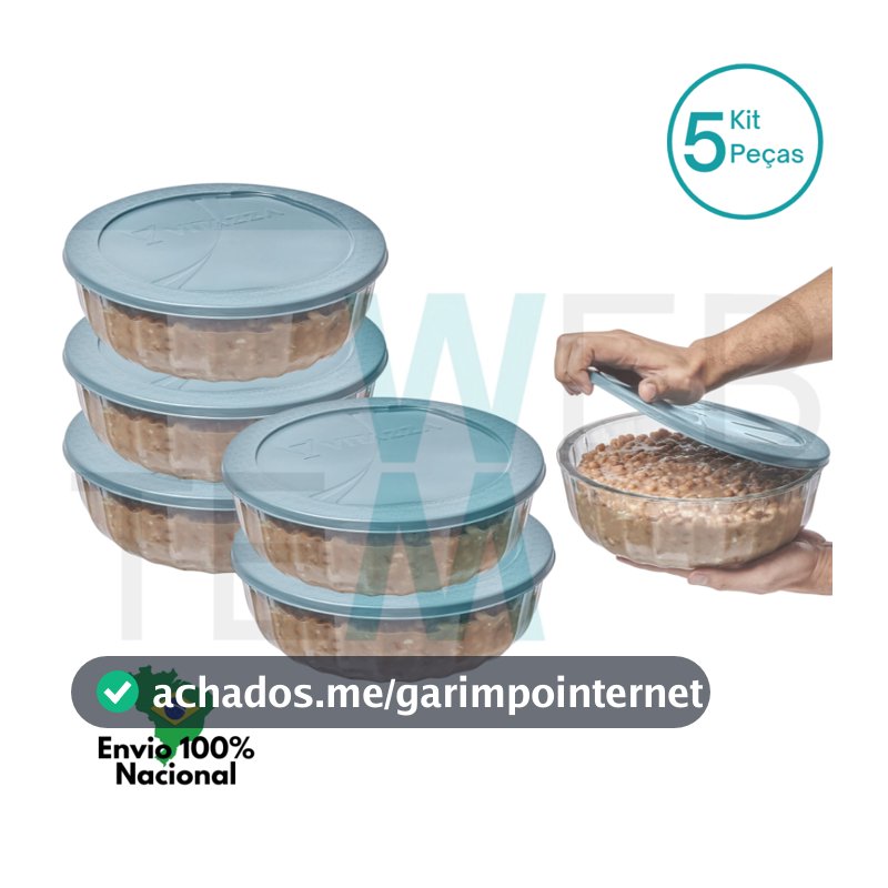 Kit 5 Potes de Vidro 1,5L com Tampa Plástica Oceani Vitazza Tigela Saladeira Bowl Mantimentos